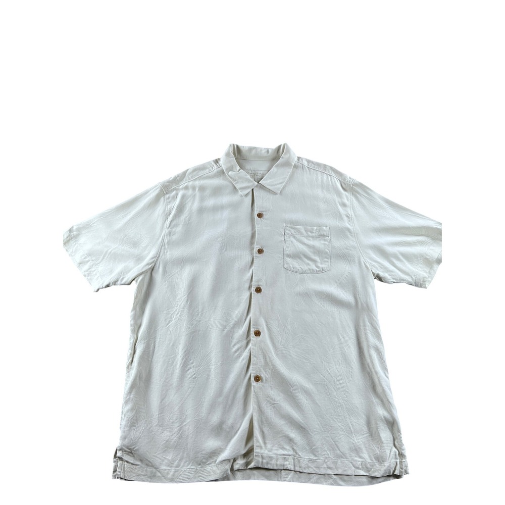 Tommy Bahama Mens XL Silk Button Down Shirt Cream Tropical Jacquard Original Fit